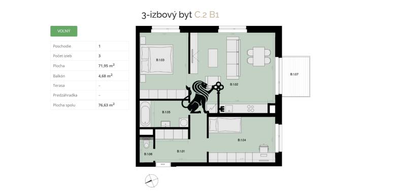 Na predaj 3-izbový byt s balkónom B1 - Pôdorys bytu: 3-izbový byt s balkónom na prvom poschodí, plocha 71,95 m².