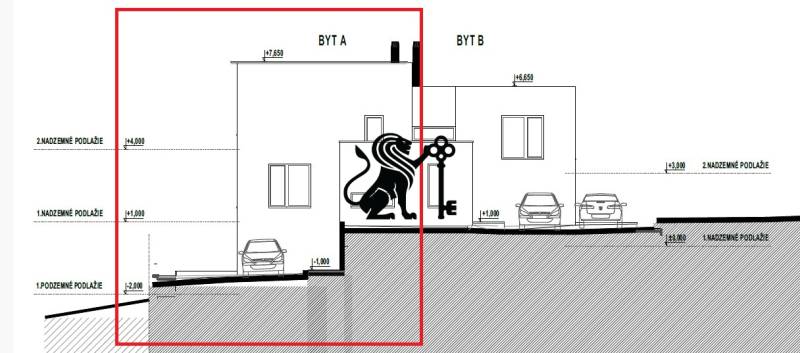 Na predaj slnečný rodinný dom v Rači - Architektonický nákres zobrazuje rez budov Byt A a Byt B. Viacpodlažný rodinný dom.