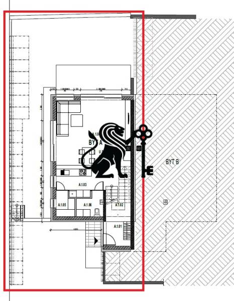 Na predaj slnečný rodinný dom v Rači - Architektonický pôdorys bytu s rozvrhnutím izieb, symbolom leva a overením kvality.
