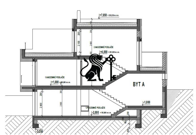 Na predaj slnečný rodinný dom v Rači - Projekčná schéma rodinného domu s dvoma nadzemnými podlažiami a jedným podzemným podlažím.