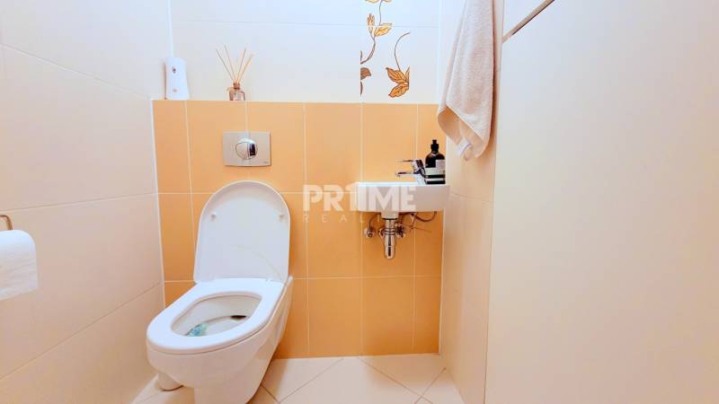 Pekný 2i byt, NOVOSTAVBA, LOGGIA, Viktoria, Košická ulica,Mlynské Nivy - Toaleta s kotúčom toaletného papiera a malým umývadlom v 2-izbovom byte.