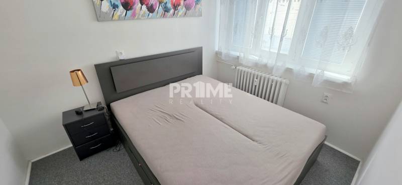 PRIESTRANNÝ 2i byt, BLUMENTÁL, LOGGIA, Wilsonova ulica, Staré Mesto - Spálňa v 2-izbovom byte s manželskou posteľou, nočným stolíkom a obrázkom na stene.