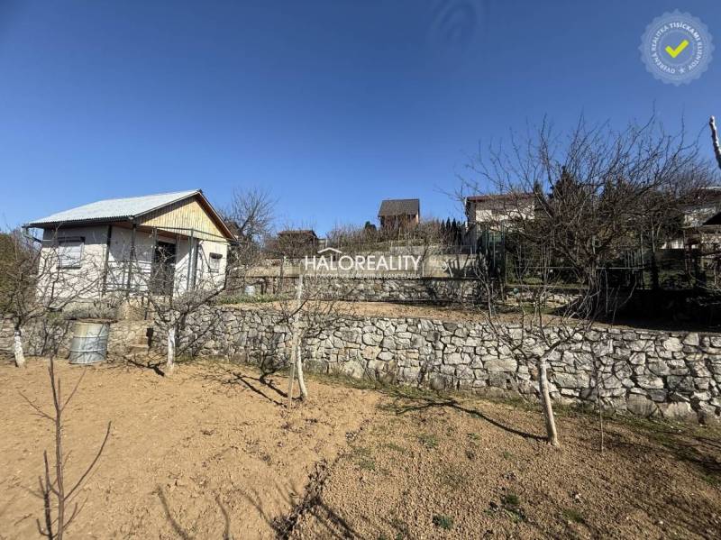 Predaj, záhradná chata Brodzany, pozemok 700 m2 - EX... - Záhrada s ovocnými stromami, kamenný múr, malý dom a modrá obloha.