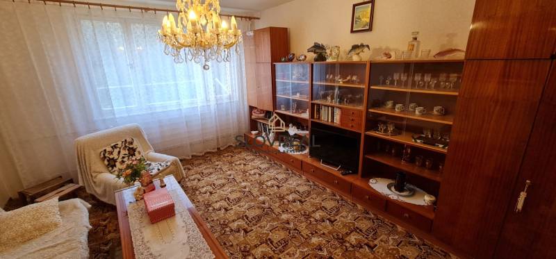 SLOVREAL - na predaj 2 izbový byt Hodruša - Hámre, 58 m2 - Obývačka v 2-izbovom byte s retro nábytkom a lustrom, útulný priestor na relaxáciu.