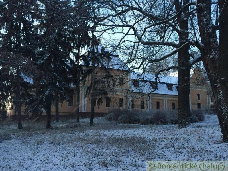 Rekonštruovaný barokový kaštieľ s kaplnkou a rozsiahlym parkom v Trávn - Zasnežený zámok v Trávnici obklopený stromami, kategória Zvláštne nehnuteľnosti.