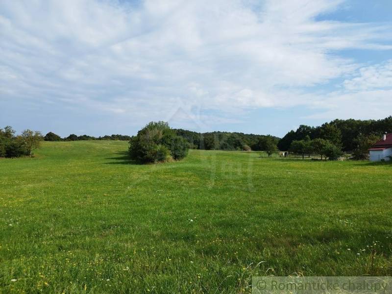 Veľký, vyše 4,5Ha slnečný pozemok s chalupou v strede, na lazoch, pri  - Rozľahlá lúka a tradičná chata v Hrušove, obklopené zeleňou a oblohou.