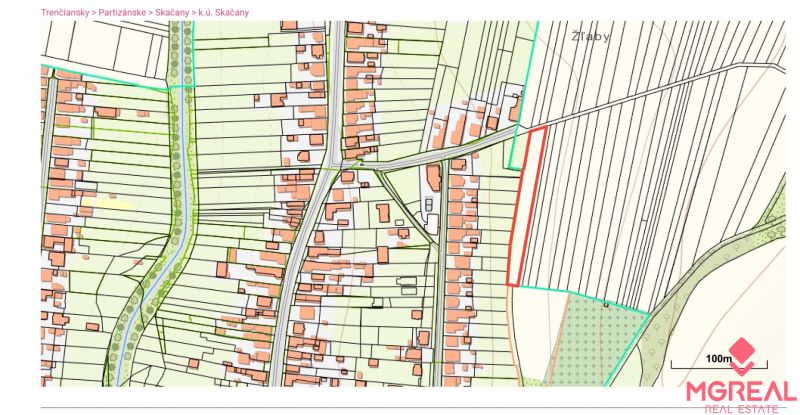 Na predaj pzemok Skačany - Mapa pozemkov v Skačanoch, zobrazujúca poľnohospodárske a lesné parcely.
