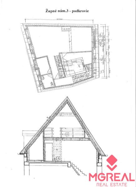 Kancelárske priestory 82 m2 s atraktívnym výhľadom v centre Bratislavy - Pôdorys podkrovia v Kanceláriách na Župnom námestí v Bratislava-Staré Mesto.