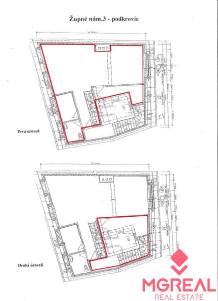 Kancelárske priestory 82 m2 s atraktívnym výhľadom v centre Bratislavy - Pôdorys kancelárií v podkroví na Župnom námestí, Bratislava-Staré Mesto. Prvá a druhá úroveň.