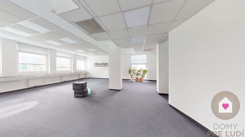 Samostatné kancelárske priestory 95,6 m2 -  BA II. Miletičova - Kancelárie s kobercom, bielymi stenami a veľkými oknami, rastliny v kvetináčoch.
