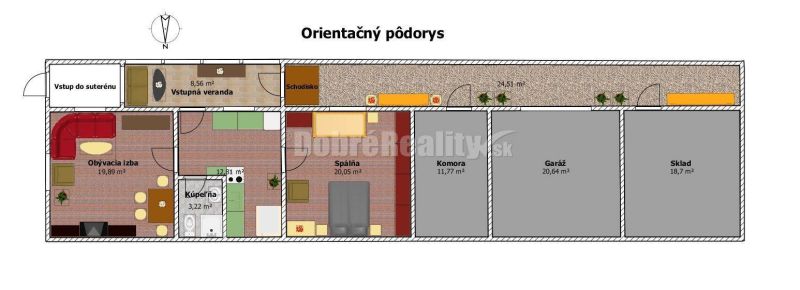 PREDAJ: Drevenica pri Ždiarskom potoku s príjemnou verandou, 135 m2, P - Orientačný pôdorys chaty s obývačkou, spálňou, kúpeľňou, verandou, komorou, garážou a skladom.