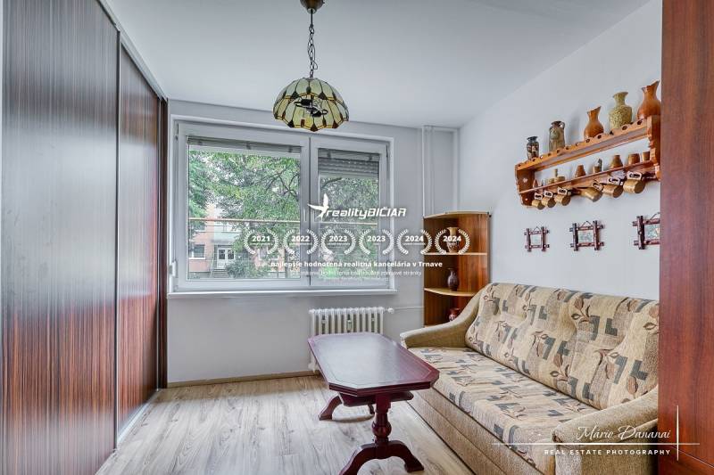 3-izbový byt v Šali na Vajanského ulici - Izba v 3-izbovom byte s pohovkou, stolíkom a podlahou s dreveným dekorom.