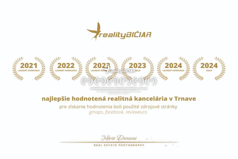 3-izbový byt v Šali na Vajanského ulici - Ocenenia pre realitnú kanceláriu RealityBičiar za roky 2021 až 2024 v Trnave.