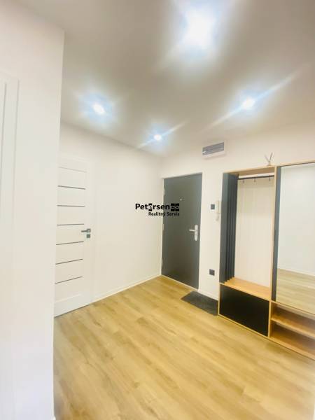 NA PRENÁJOM NOVOZREKONŠTRUOVANÝ 2-IZBOVÝ BYT, UL. ROŽŇAVSKÁ - Vstupná hala v 2-izbovom byte s podlahou s dreveným dekorom a vstavanou skriňou.