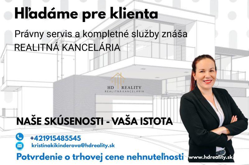 Pre konkrétneho klienta hľadáme chatu v Krupine - Reklamný banner pre realitnú kanceláriu s kontaktom, ilustrovaný dom a žena.