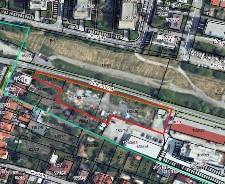 Predaj pozemok vhodný na bytovú výstavbu – Stupava, Železničná ul. - Mapa pozemkov na Železničnej ulici v Stupave, určených pre komerčné využitie.