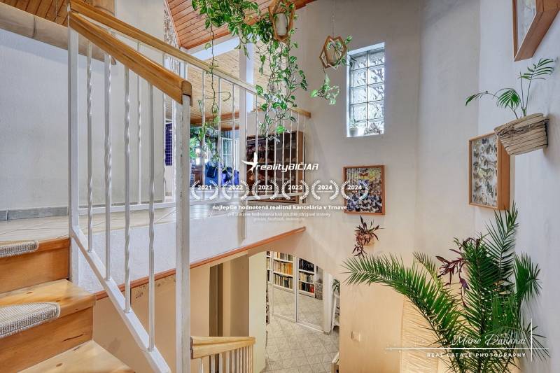 7-izbový rodinný dom s úžasným výhľadom v prestížnej lokalite Devín - Interiér chaty s rastlinami, drevenými schodmi a dekoráciami na stenách.