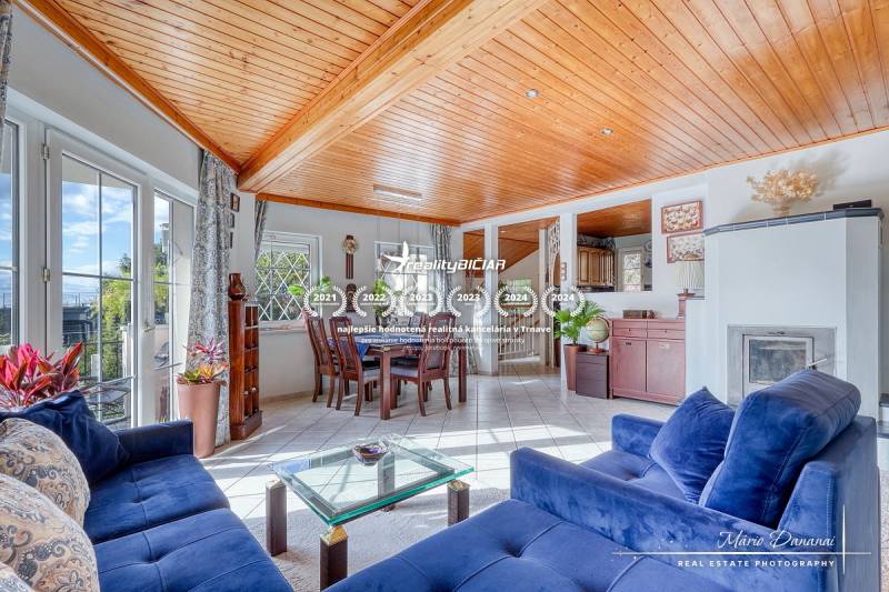 7-izbový rodinný dom s úžasným výhľadom v prestížnej lokalite Devín - Obývacia izba v rodinnom dome s krbom, modrou pohovkou a jedálenským stolom.