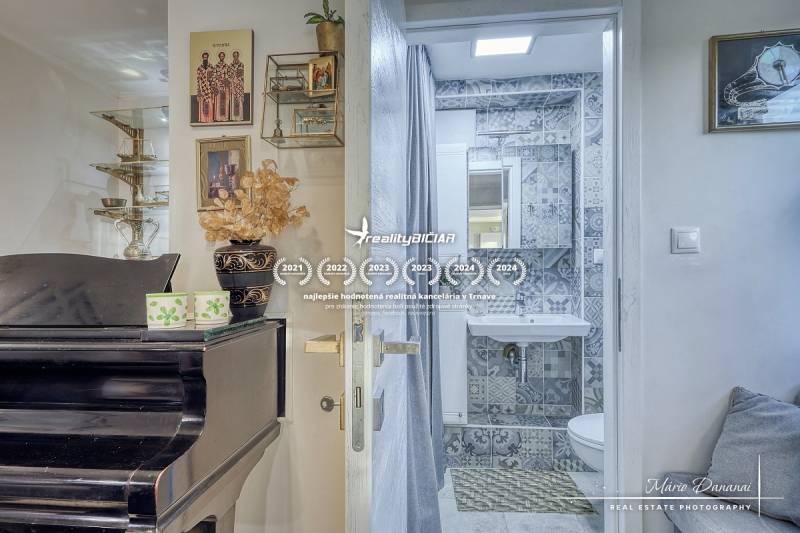 Rekreačná chata s úžasným výhľadom v prestížnej lokalite Devín - Interiér chaty s klavírom, dekoráciami a kúpeľňou s mozaikovými obkladmi.