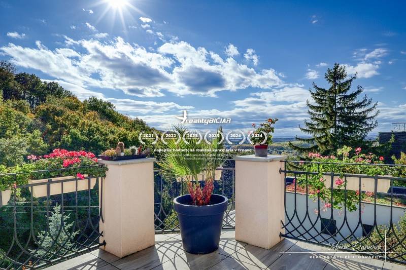 Rekreačná chata s úžasným výhľadom v prestížnej lokalite Devín - Slnečná terasa chaty s kvetinami a výhľadom na lesy v Bratislave-Devíne.