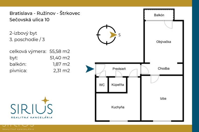 SEČOVSKÁ, 2-i tehlový byt, 56 m2, orientácia V a Z - OBKLOPENÝ ZELEŇOU - Pôdorys 2-izbového bytu na Sečovskej ulici, Bratislava - Ružinov s balkónom a pivnicou.