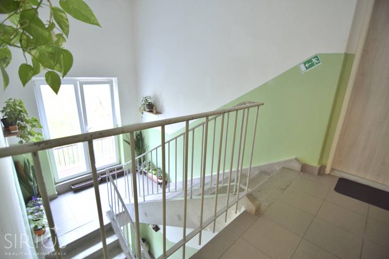 SEČOVSKÁ, 2-i tehlový byt, 56 m2, orientácia V a Z - OBKLOPENÝ ZELEŇOU - Schodisko s izbovými rastlinami a únikovým značením v bytovom dome.