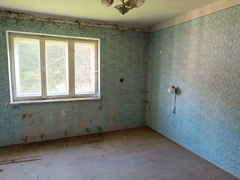 Hospodárska usadlosť  - Izba v rodinnom dome s modrou tapetou a veľkým oknom, podlaha s dreveným dekorom.