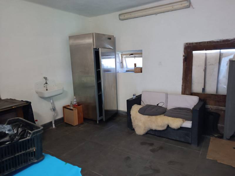 Hospodárska usadlosť  - Interiér rodinného domu s umývadlom, chladničkou, pohovkou a chladičom.