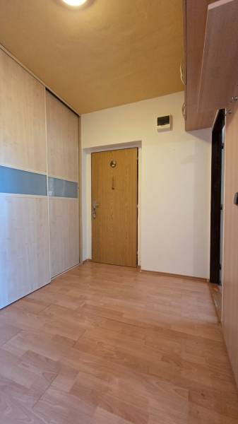 REZERVOVANÉ: NA PREDAJ -  1-izbový byt vo Veľkom Šariši - PREŠOV - Predsieň v 1-izbovom byte s podlahou s dreveným dekorom a vstavanou skriňou.