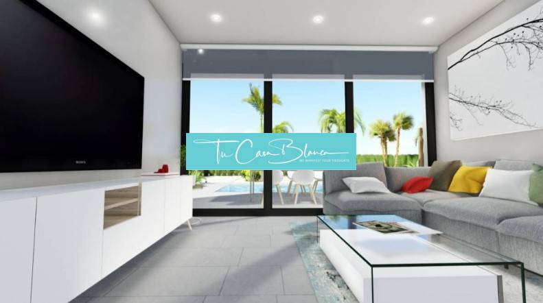 Ekologická novostavba Calasparra, 77-117m2, 2-3spálne - Obývačka v rodinnom dome s pohovkou a výhľadom na terasu s bazénom.