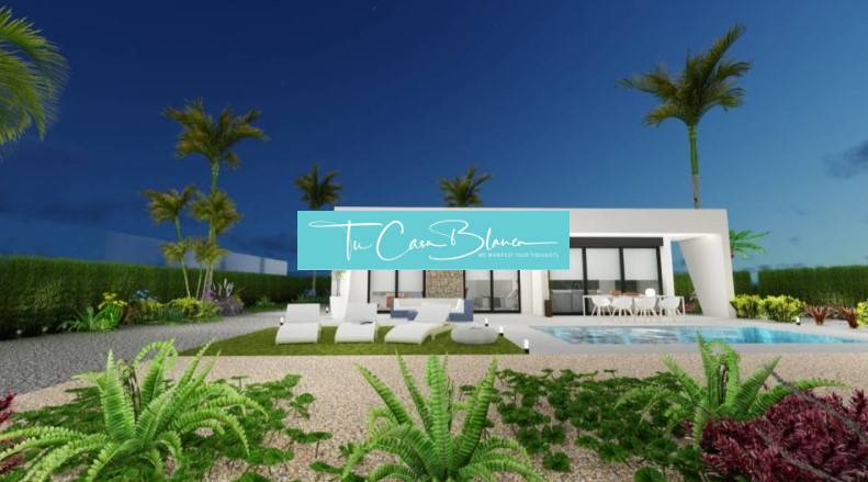 Ekologická novostavba Calasparra, 77-117m2, 2-3spálne - Nočná záhrada rodinného domu v Calasparre s bazénom a palmami.