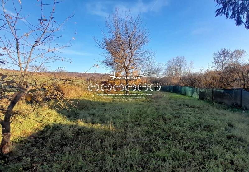 Rodinný dom v obci Dobrá Voda  - Záhrada pri rodinnom dome v Dobrej Vode so stromami a oplotením, obloha je jasná.