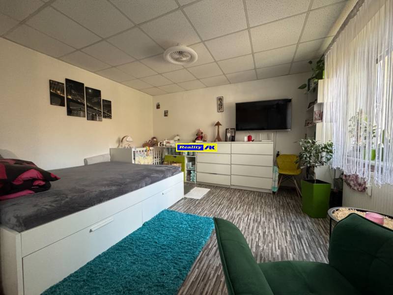 REZERVOVANÉ jednoizbový zrekonštruovaný byt v širšom centre mesta - Izba s posteľou, komodou, televízorom, rastlinami, podlahou s dreveným dekorom a kobercom.