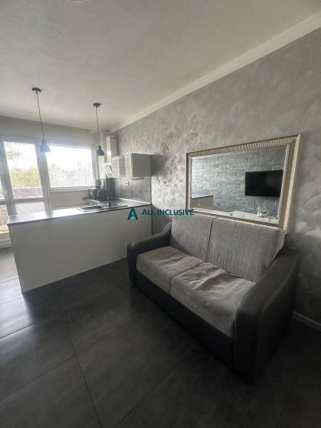 Stavbárska ulica,2-garsónka na prenájom - Dvojgarsónka s kuchynským ostrovčekom, pohovkou a zrkadlom na šedej stene.