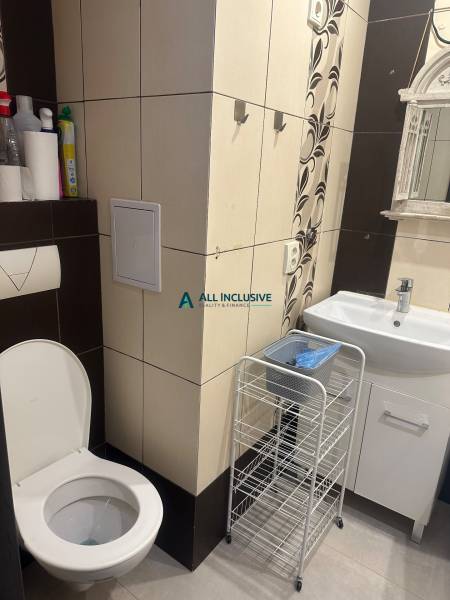 Stavbárska ulica,2-garsónka na prenájom - Kúpeľňa v dvojgarsónke s toaletou, umývadlom a úložným regálom.