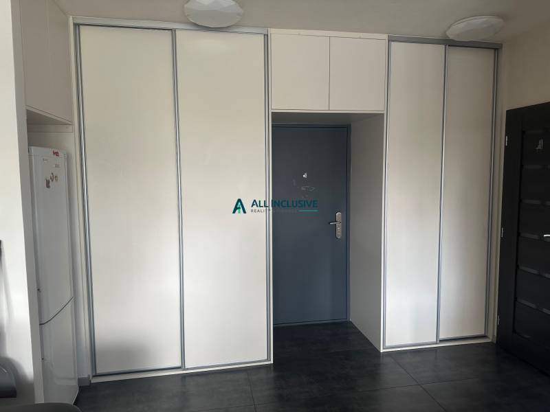 Stavbárska ulica,2-garsónka na prenájom - Dvojgarsónka s tmavou podlahou a vstavanými skriňami pri vchodových dverách.