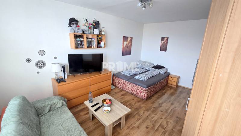 Príjemný 1i byt, zariadený, pivnica, Drobného ul., Dúbravka - Obývacia izba v 1-izbovom byte s pohovkou, posteľou a podlahou s dreveným dekorom.