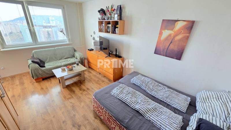 Príjemný 1i byt, zariadený, pivnica, Drobného ul., Dúbravka - Interiér 1-izbového bytu so sedačkou, stolíkom, posteľou a podlahou s dreveným dekorom.