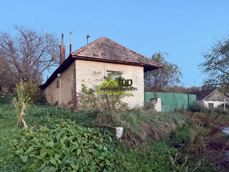 RD TVRDOMESTICE, pozemkom s prístupom z oboch strán - Rodinný dom v Tvrdomesticiach so záhradou, zelené brány, rastliny, modrá obloha.