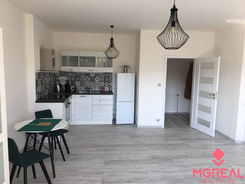 PRENÁJOM 1i byt s Loggiou, Tomášikova ul., Ružinov - Kuchyňa v 1-izbovom byte so vzorovaným obkladom a podlahou s dreveným dekorom.