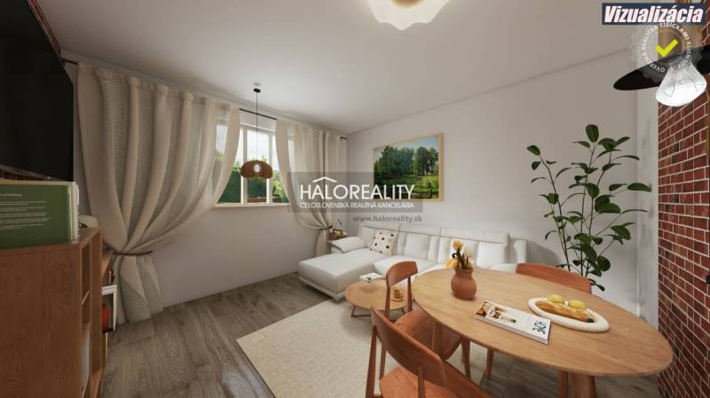 REZERVOVANÉ - Predaj, trojizbový byt Želiezovce, zre... - Obývacia izba v 3-izbovom byte s podlahou s dreveným dekorom, svetlým nábytkom a dekoračnými prvkami.