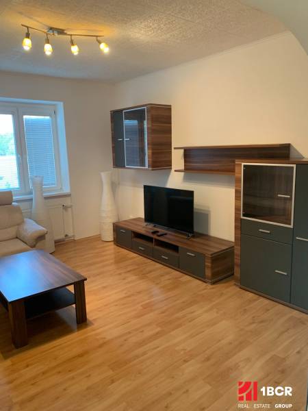 PRIESTRANNÝ 2-IZB BYT V UZAVRETOM AREÁLI, MIEROVÁ KOLÓNIA, NOVÉ MESTO - Obývacia izba 2-izbového bytu s podlahou s dreveným dekorom a televíziou.