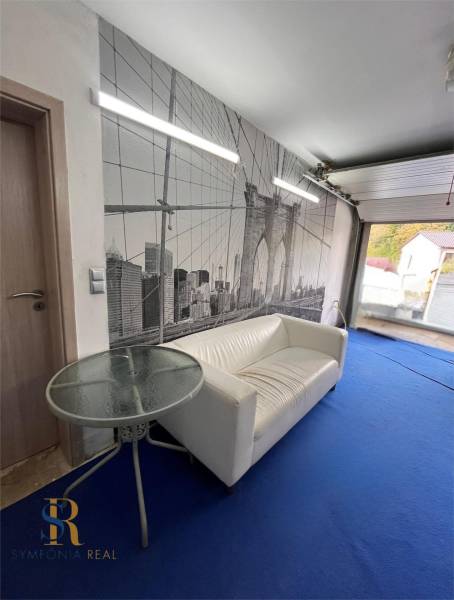 Rodinný dom v obci Dubová s 920m2 rozsiahlym pozemkom  - Izba v rodinnom dome s bielou sedačkou, tapetou mosta a modrým kobercom.