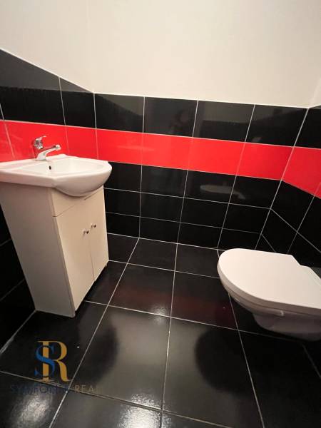 Rodinný dom v obci Dubová s 920m2 rozsiahlym pozemkom  - Kúpeľňa v rodinnom dome so sanitou, čierno-červenými kachličkami a umývadlom.