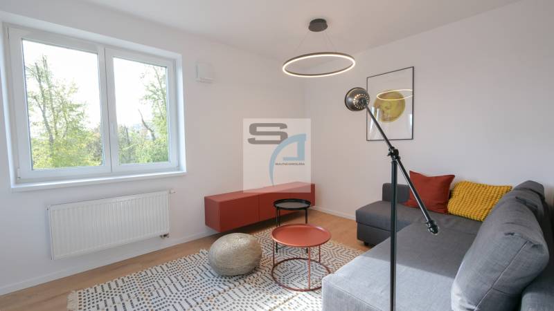 2-izbový byt s terasou 15 m² a parkovaním v tichej časti Bratislavy - Obývacia izba v 2-izbovom byte s podlahou s dreveným dekorom a pohovkou.