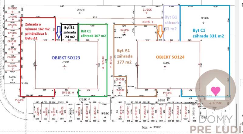 3i. BYT SO ZÁHRADOU +TEP. ČERPADLO, KLIMATIZÁCIA A ŽALÚZIE V CENE - Návrh rozloženia záhrad a bytov okolo objektov SO123 a SO124 s rozmermi.