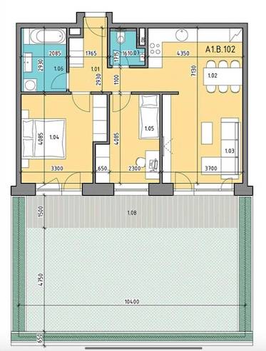 PRENÁJOM 3 izbový byt s predzáhradkou, BORY PROMENÁDA - Pôdorys zobrazuje usporiadanie 3-izbového bytu s kúpeľňou, kuchyňou a terasou.