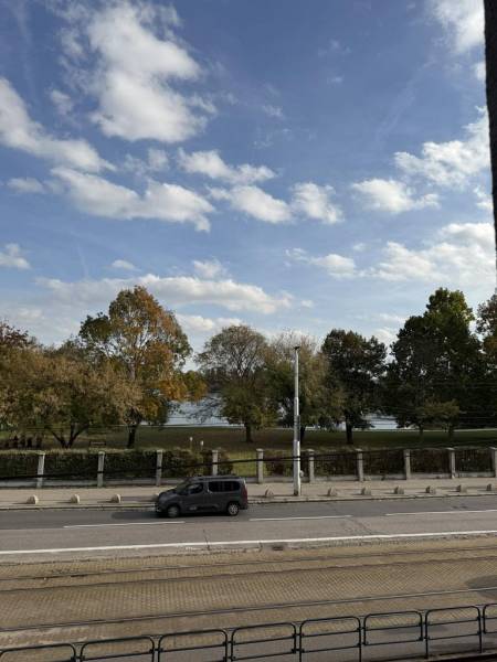 Novinka: Priestranný svetlý byt s balkónmi pri Kuchajde. Vajnorská - Cesta s autom pri parku vo Vajnorskej ulici v Bratislave - Novom Meste.