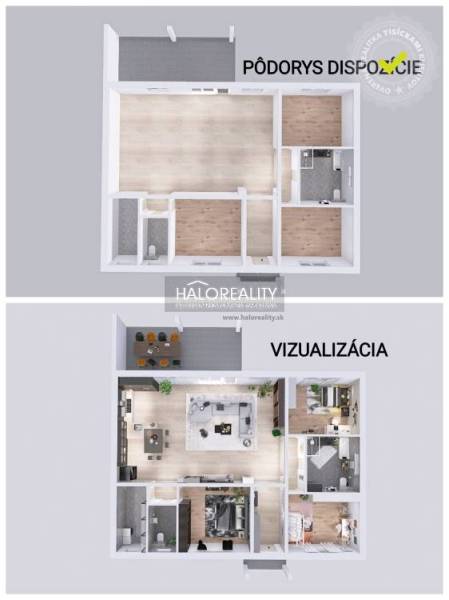 Predaj, rodinný dom Závod - NOVOSTAVBA - EXKLUZÍVNE ... - Pôdorys a vizualizácia rodinného domu, znázorňujúce rozloženie miestností.