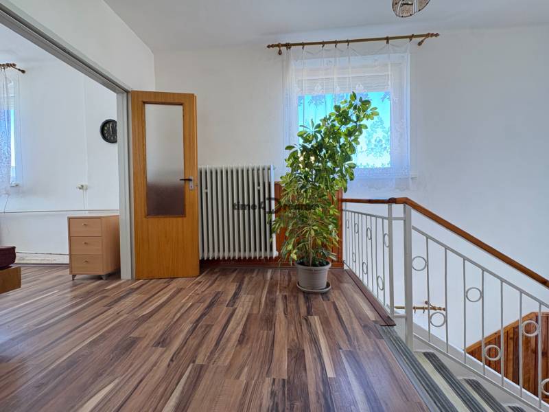 Na predaj: Rodinný dom v meste Levice - Interiér rodinného domu s podlahou s dreveným dekorom, veľkou rastlinou a zábradlím schodiska.